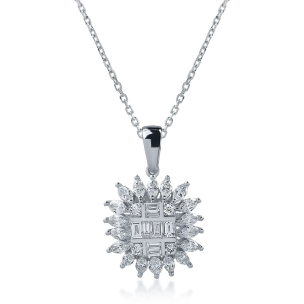 Lant cu pandantiv din aur alb cu diamante baguette si paer de 0.78ct