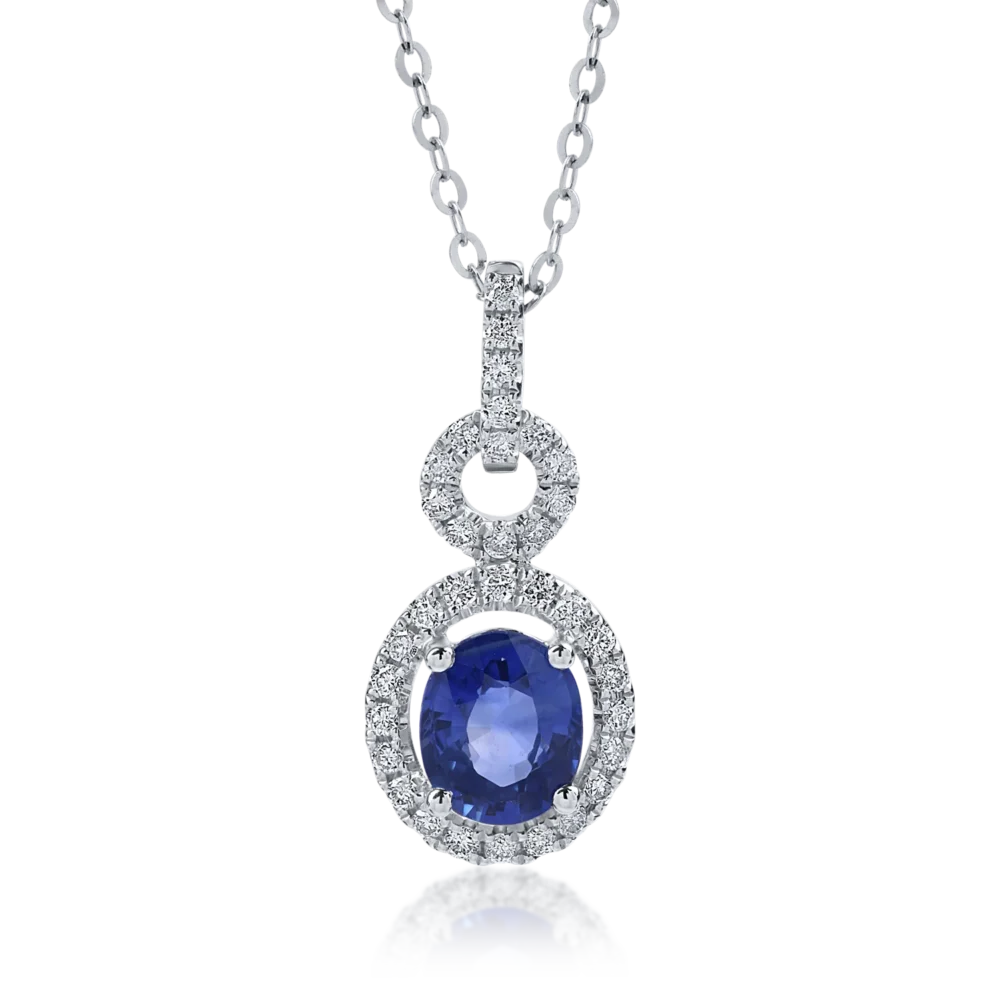 Lant cu pandantiv din aur alb cu safir de 0.88ct si diamante de 0.17ct
