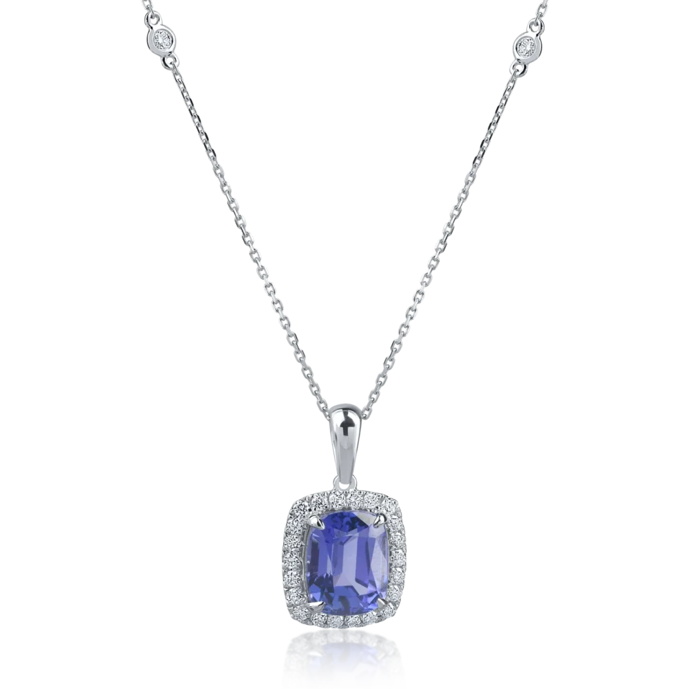 Lant cu pandantiv din aur alb cu tanzanit rectangular de 4.76ct si diamante de 0.45ct