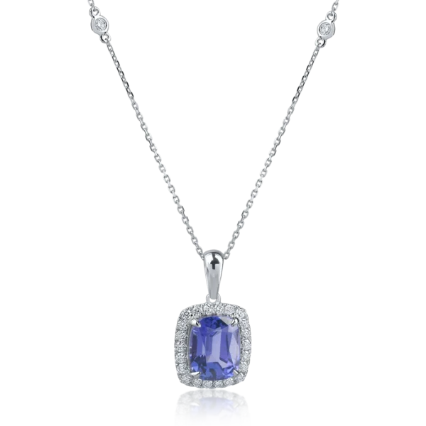 Lant cu pandantiv din aur alb cu tanzanit rectangular de 4.76ct si diamante de 0.45ct