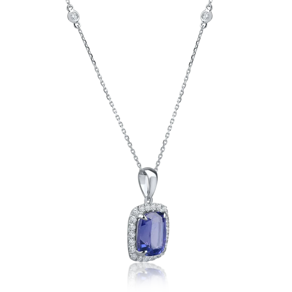 Lant cu pandantiv din aur alb cu tanzanit rectangular de 4.76ct si diamante de 0.45ct - imagine 2