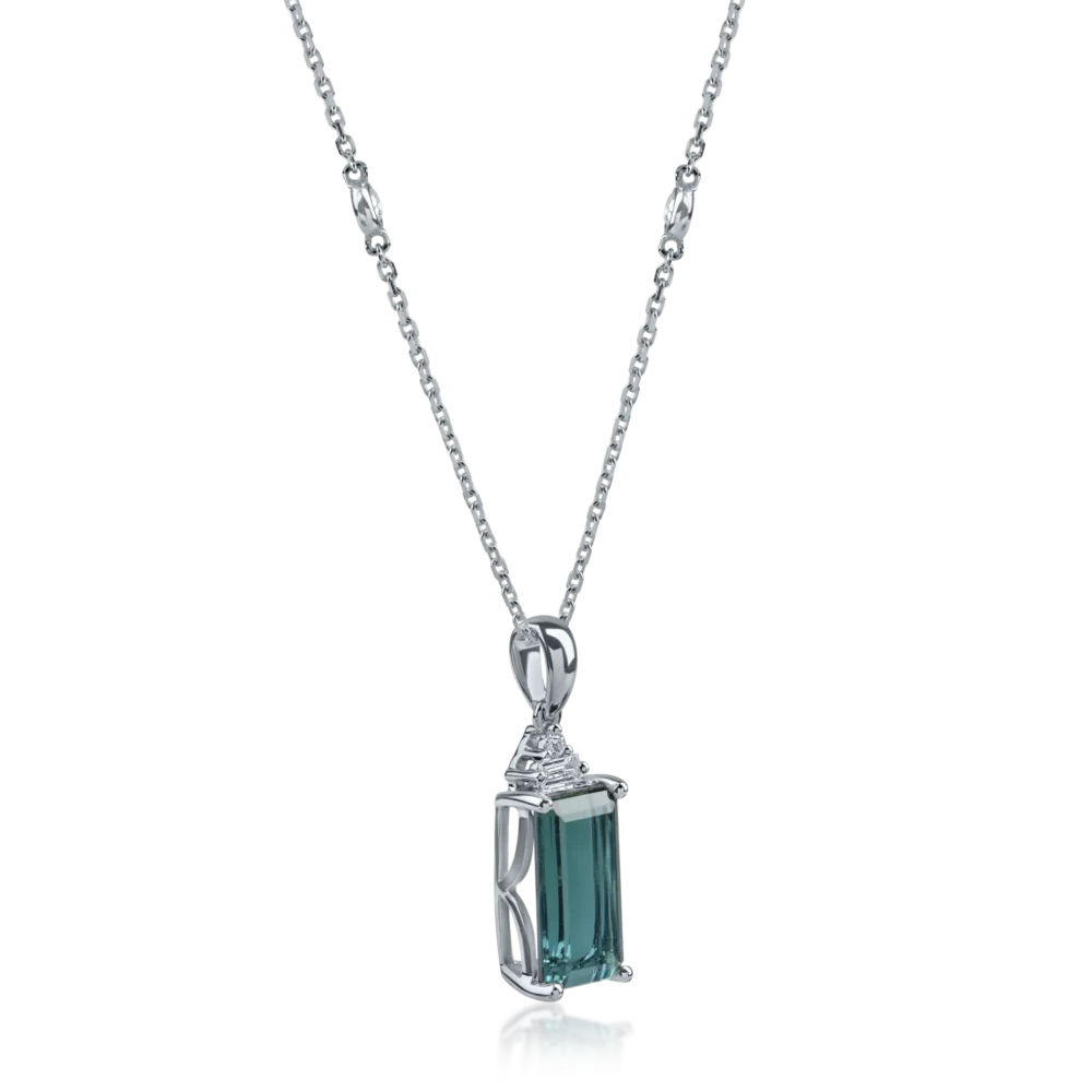 Lant cu pandantiv din aur alb cu turmalina rectangulara de 2.58ct si diamante baguette si rotunde de 0.11ct - imagine 2