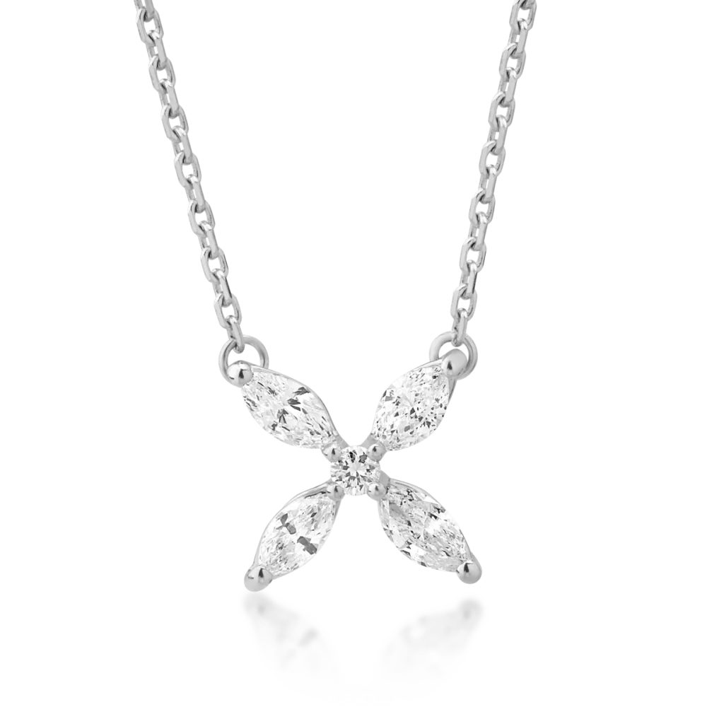 Lant cu pandantiv din aur alb cu diamante marquise si rotunde de 0.31ct