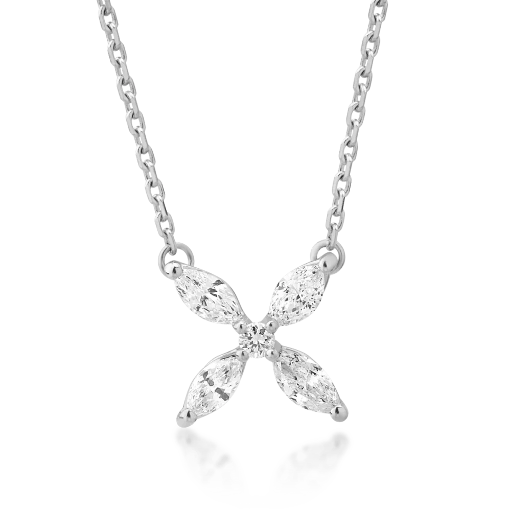 Lant cu pandantiv din aur alb cu diamante marquise si rotunde de 0.35ct