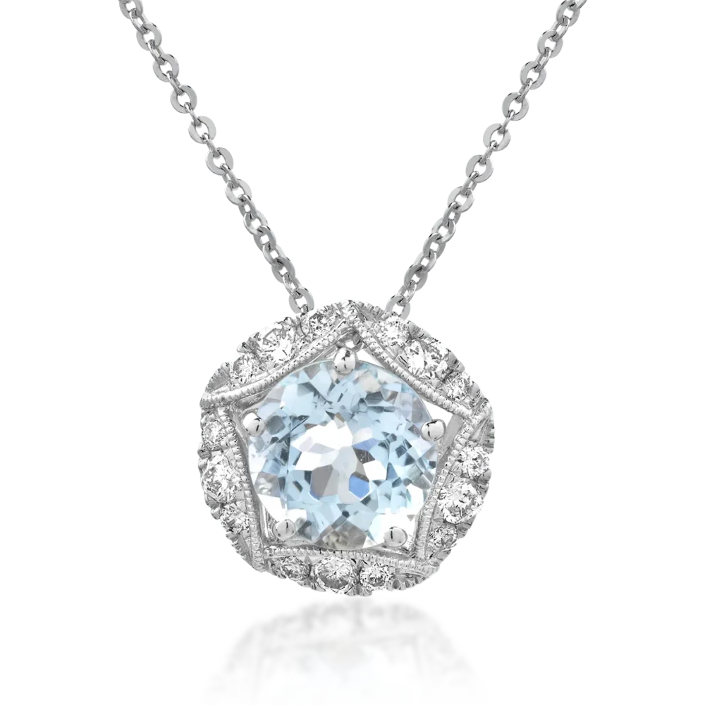 Lant cu pandantiv din aur alb cu acvamarin de 2.1ct si diamante de 0.31ct