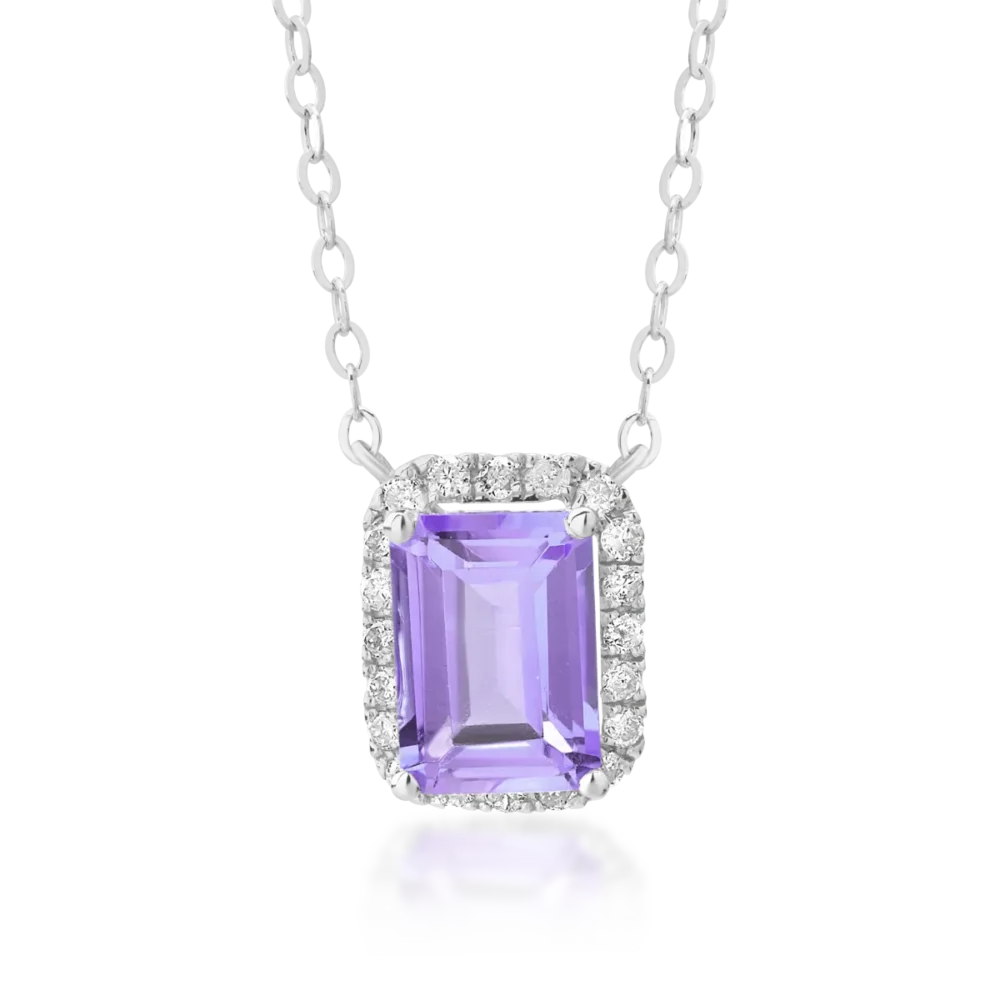 Lant cu pandantiv din aur alb cu ametist emerald de 0.85ct si diamante de 0.12ct