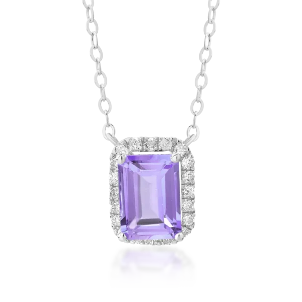 Lant cu pandantiv din aur alb cu ametist emerald de 0.85ct si diamante de 0.12ct