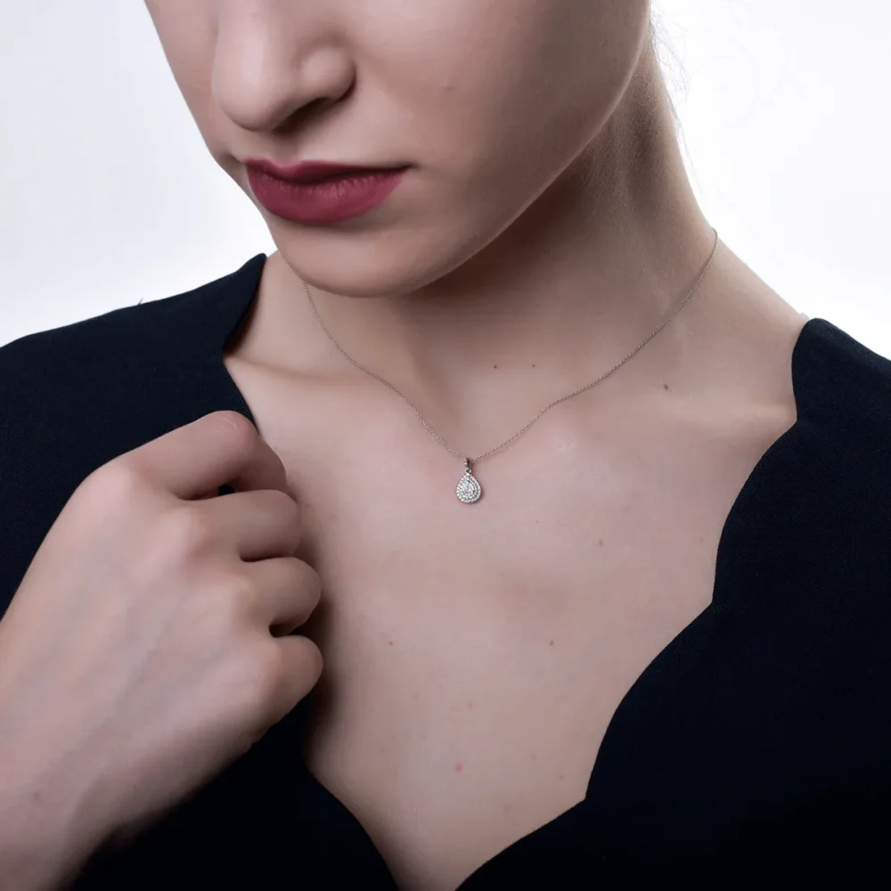 Lant cu pandantiv din aur alb cu diamant pear de 0.06ct si diamante de 0.1ct - imagine 4