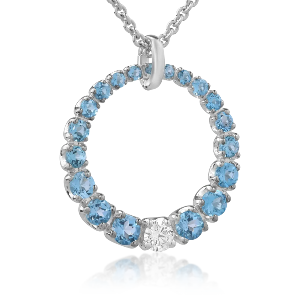 Lant cu pandantiv din aur alb cu diamant de 0.59ct si topaze albastre de 4.92ct - imagine 2