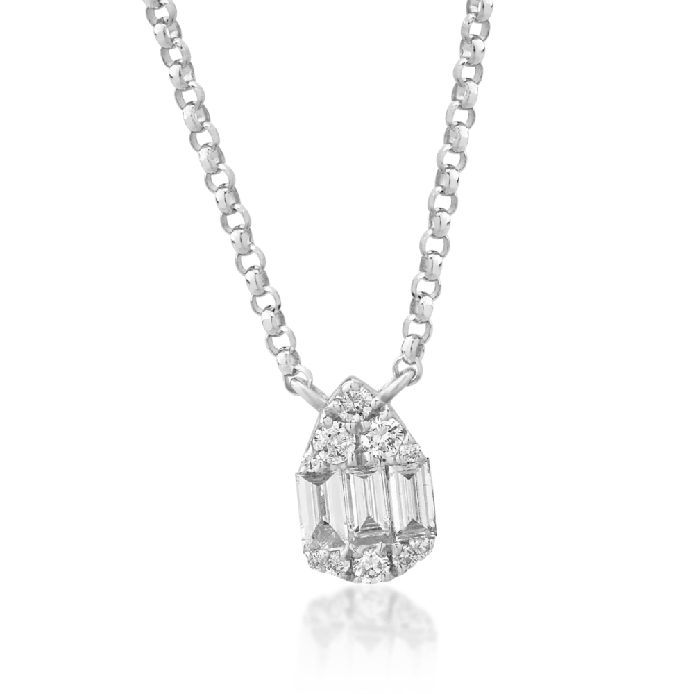 Lant cu pandantiv din aur alb cu diamante baguette si rotunde de 0.18ct