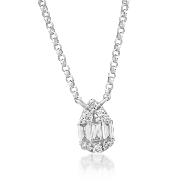 Lant cu pandantiv din aur alb cu diamante baguette si rotunde de 0.18ct
