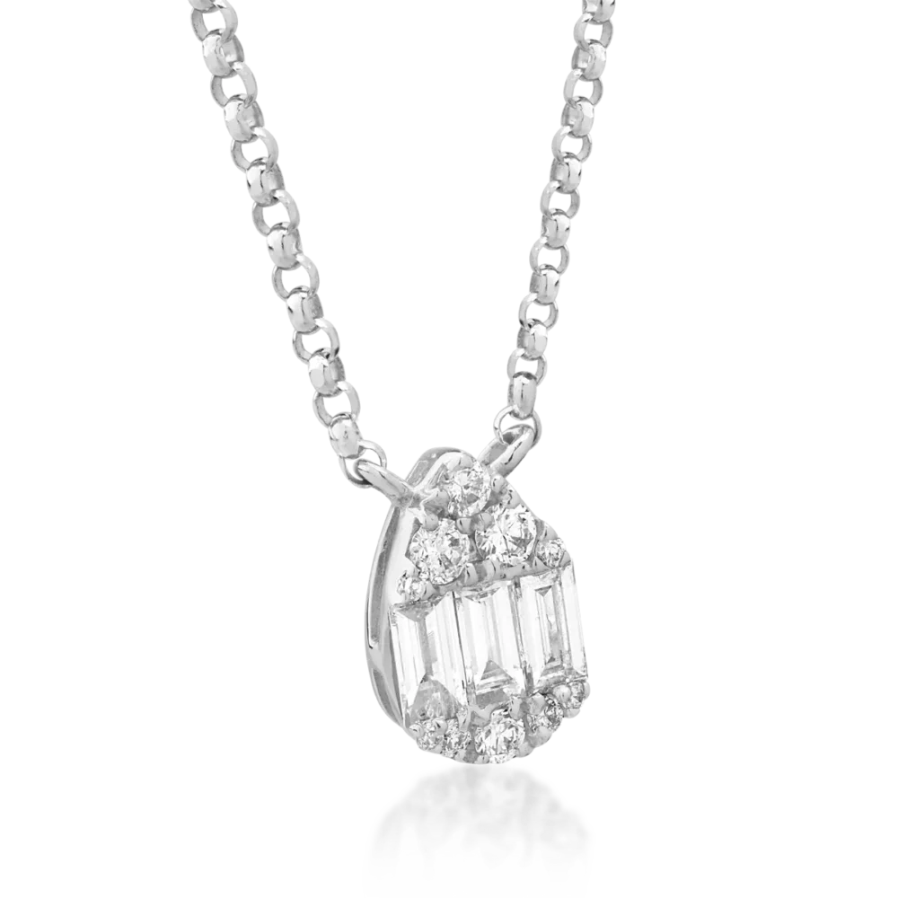 Lant cu pandantiv din aur alb cu diamante baguette si rotunde de 0.18ct - imagine 2