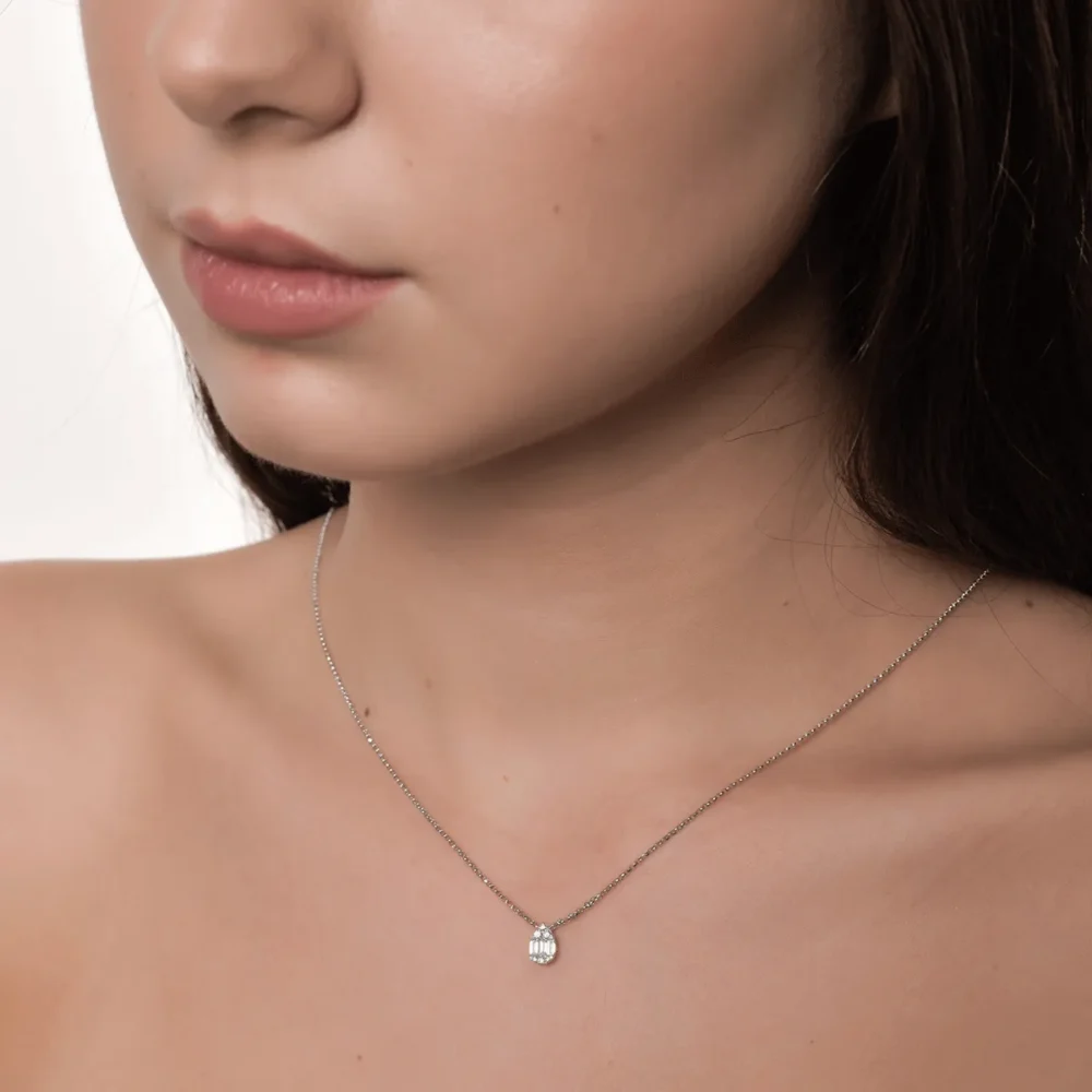 Lant cu pandantiv din aur alb cu diamante baguette si rotunde de 0.18ct - imagine 4