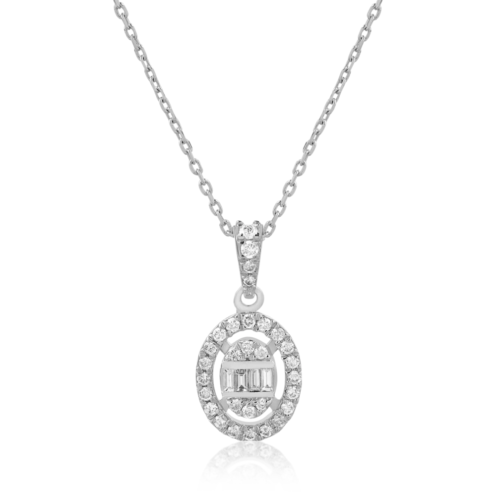 Lant cu pandantiv din aur alb cu diamante baguette si rotunde de 0.19ct