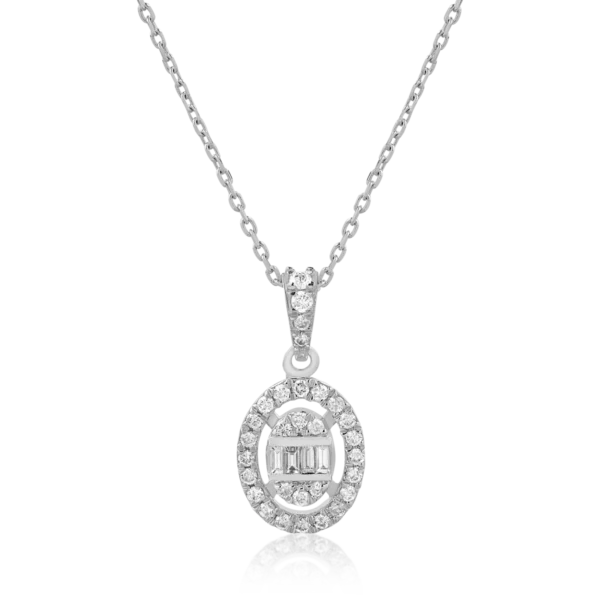 Lant cu pandantiv din aur alb cu diamante baguette si rotunde de 0.19ct