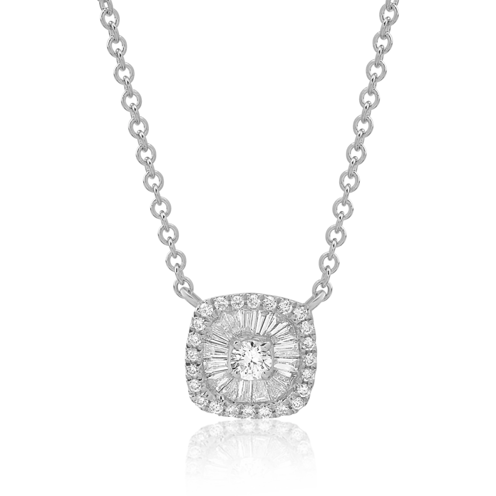 Lant cu pandantiv din aur alb cu diamante baguette si rotunde de 0.21ct