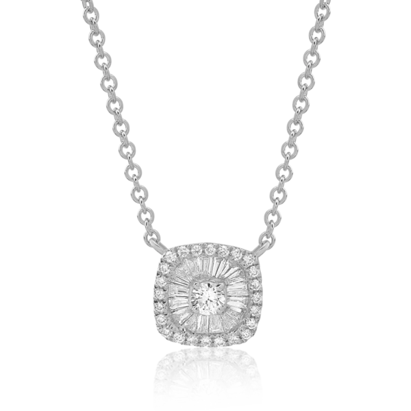 Lant cu pandantiv din aur alb cu diamante baguette si rotunde de 0.21ct