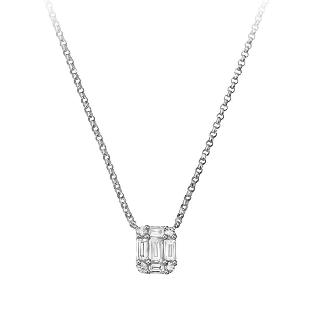Lant cu pandantiv din aur alb cu diamante baguette si rotunde de 0.28ct