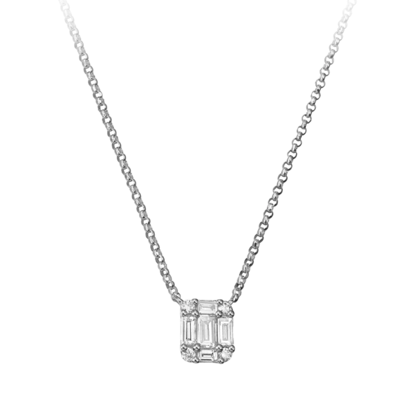 Lant cu pandantiv din aur alb cu diamante baguette si rotunde de 0.28ct