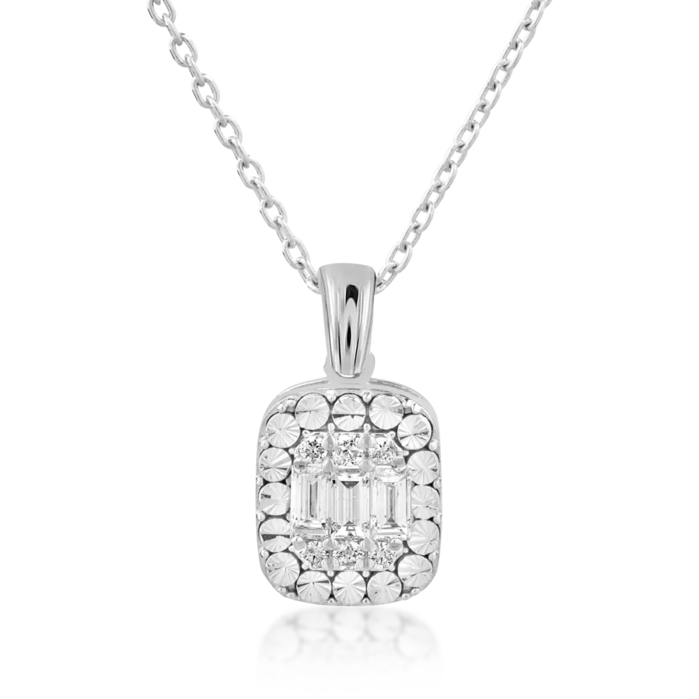 Lant cu pandantiv din aur alb cu diamante baguette si rotunde de 0.28ct