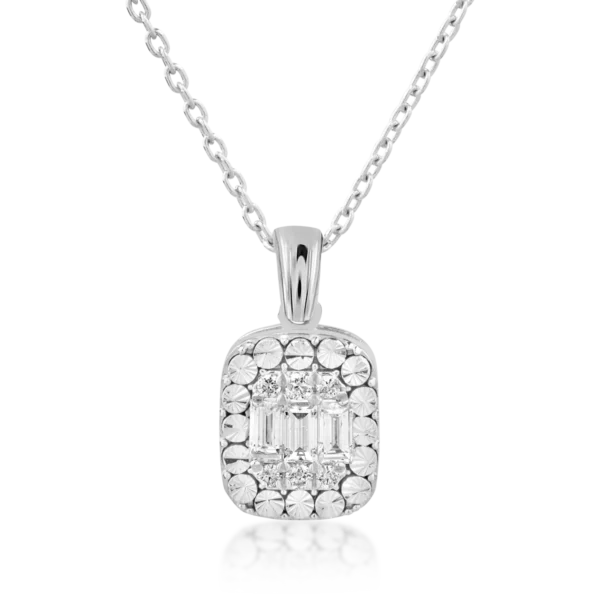 Lant cu pandantiv din aur alb cu diamante baguette si rotunde de 0.28ct