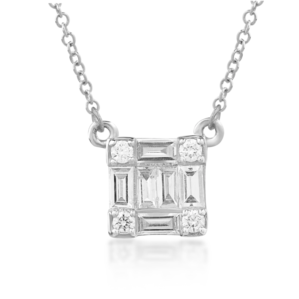 Lant cu pandantiv din aur alb cu diamante baguette si rotunde de 0.291ct