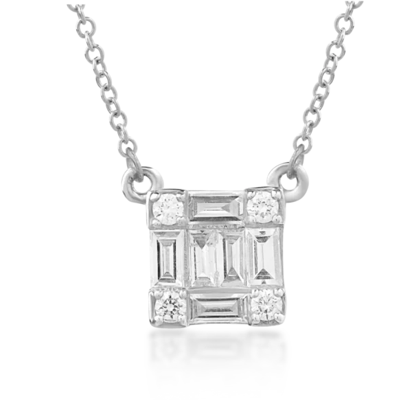 Lant cu pandantiv din aur alb cu diamante baguette si rotunde de 0.291ct