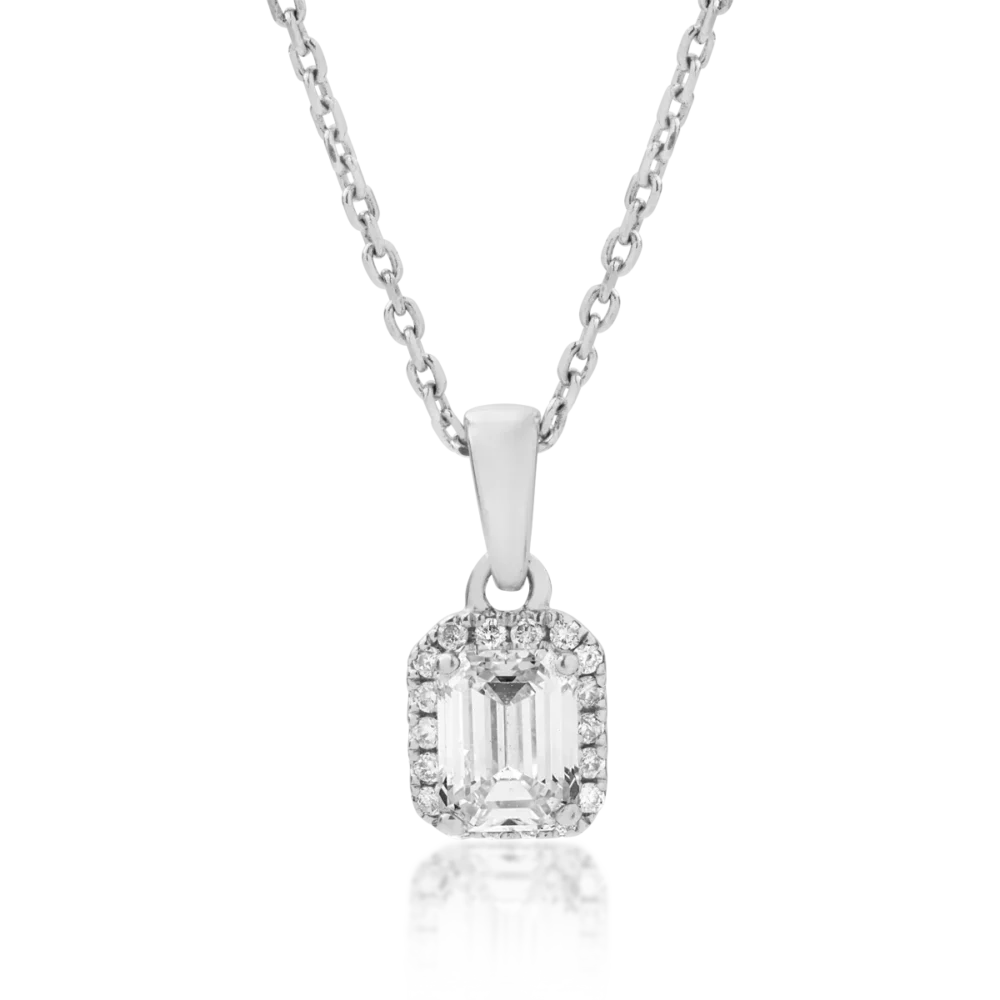 Lant cu pandantiv din aur alb cu diamante baguette si rotunde de 0.46ct