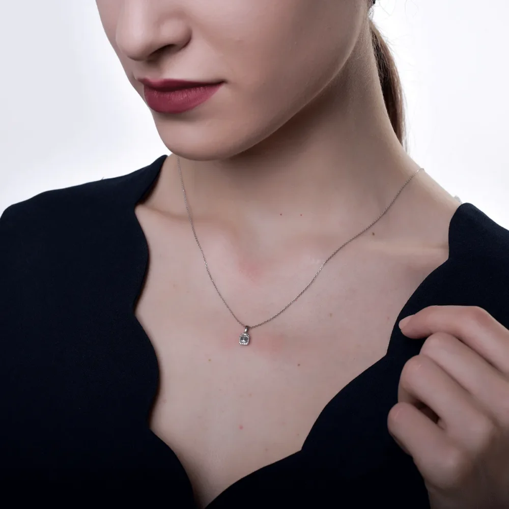 Lant cu pandantiv din aur alb cu diamante baguette si rotunde de 0.46ct - imagine 4