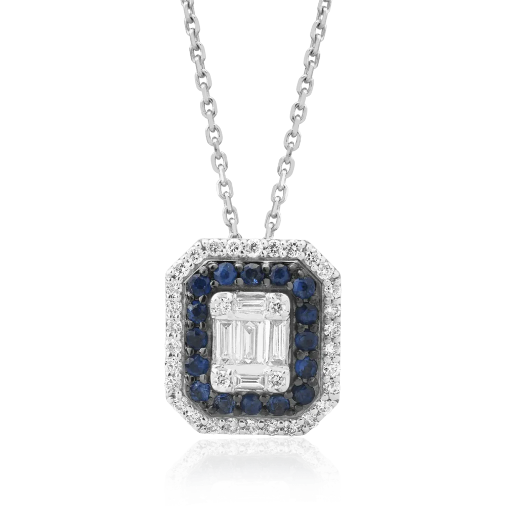 Lant cu pandantiv din aur alb cu diamante baguette si rotunde de 0.74ct si safire de 0.222ct