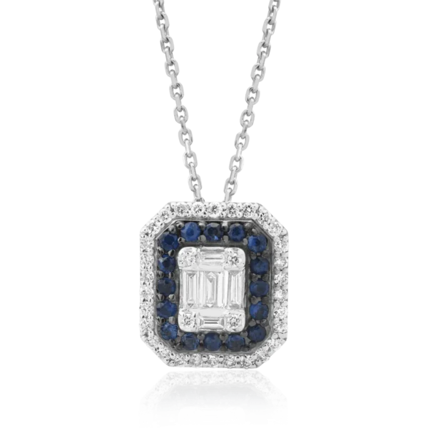 Lant cu pandantiv din aur alb cu diamante baguette si rotunde de 0.74ct si safire de 0.222ct