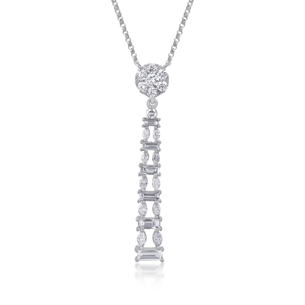 Lant cu pandantiv din aur alb cu diamante baguette, marquise si rotunde de 1.17ct