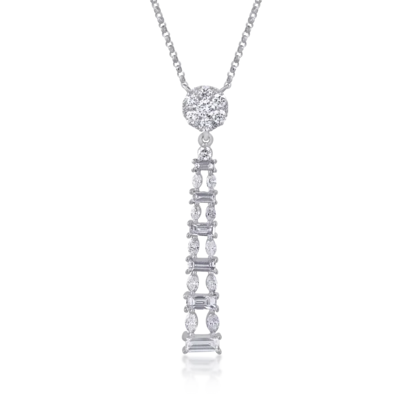 Lant cu pandantiv din aur alb cu diamante baguette, marquise si rotunde de 1.17ct