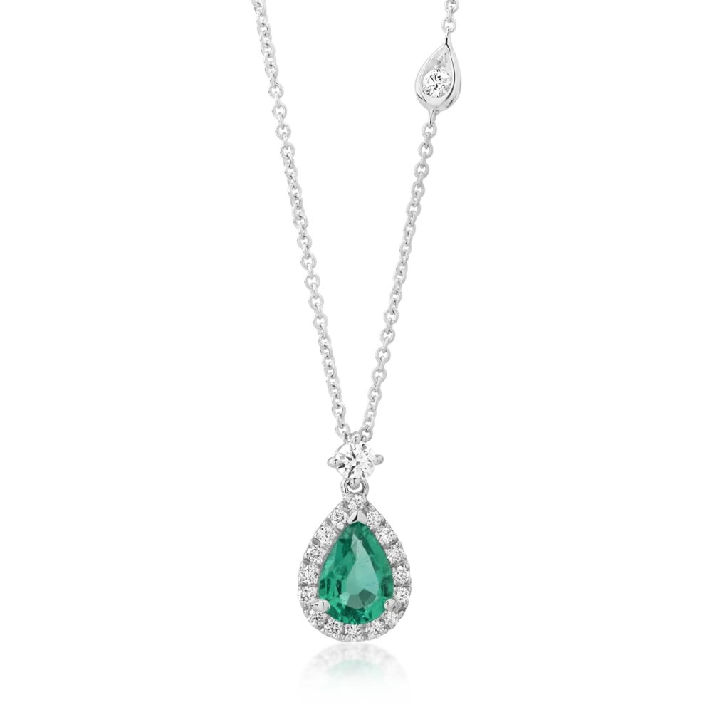 Lant cu pandantiv din aur alb cu smarald pear de 0.37ct si diamante de 0.14ct