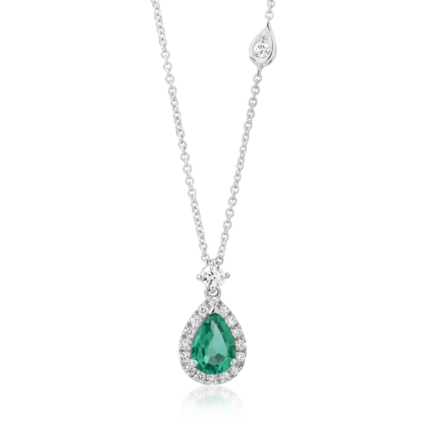 Lant cu pandantiv din aur alb cu smarald pear de 0.37ct si diamante de 0.14ct