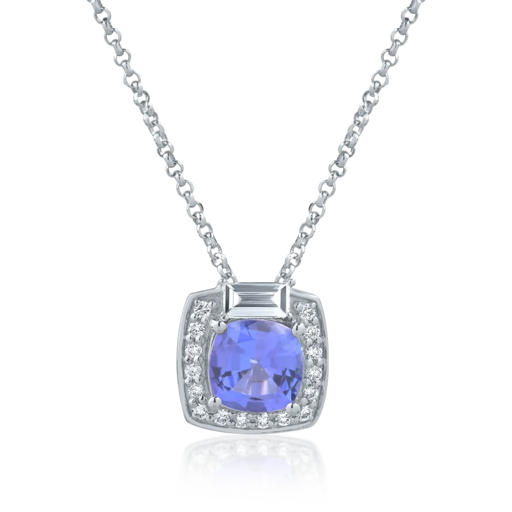 Lant cu pandantiv din aur alb cu tanzanit cushion de 0.936ct si diamante de 0.178ct