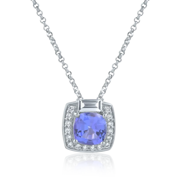Lant cu pandantiv din aur alb cu tanzanit cushion de 0.936ct si diamante de 0.178ct