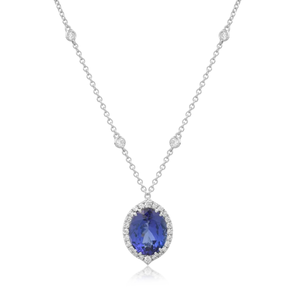 Lant cu pandantiv din aur alb cu tanzanit oval de 4.2ct si diamante de 0.5ct