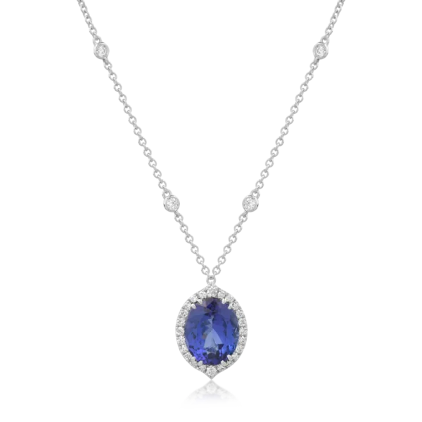 Lant cu pandantiv din aur alb cu tanzanit oval de 4.2ct si diamante de 0.5ct