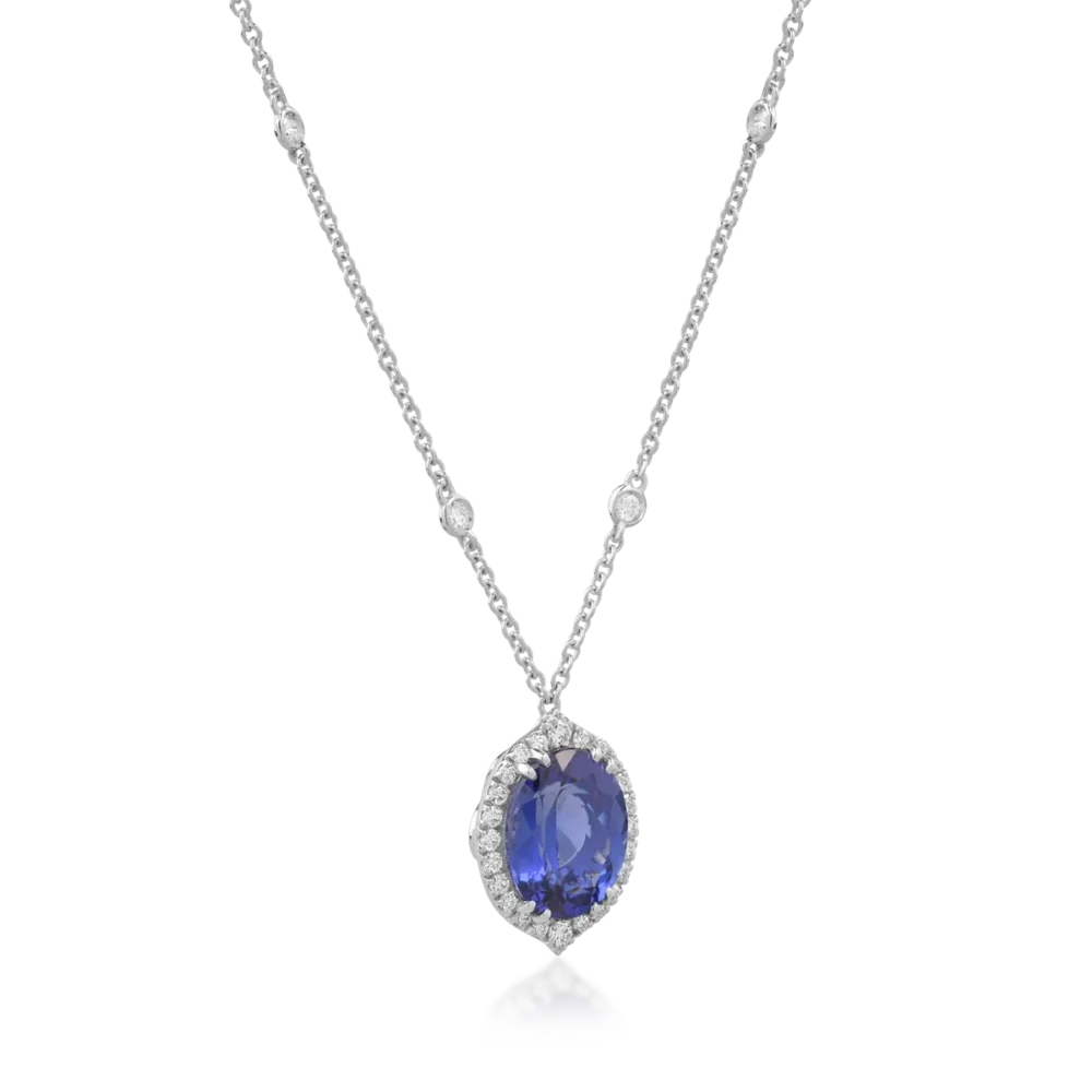 Lant cu pandantiv din aur alb cu tanzanit oval de 4.2ct si diamante de 0.5ct - imagine 2