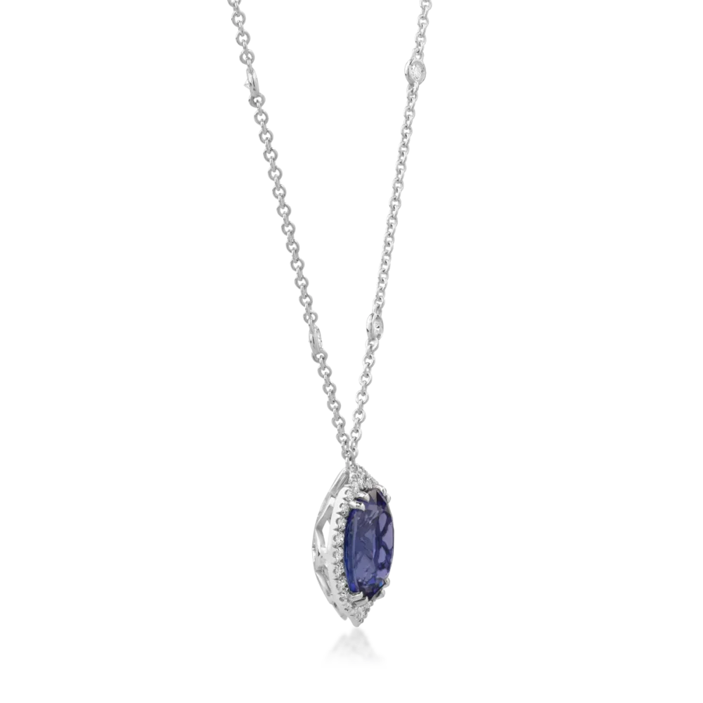 Lant cu pandantiv din aur alb cu tanzanit oval de 4.2ct si diamante de 0.5ct - imagine 3