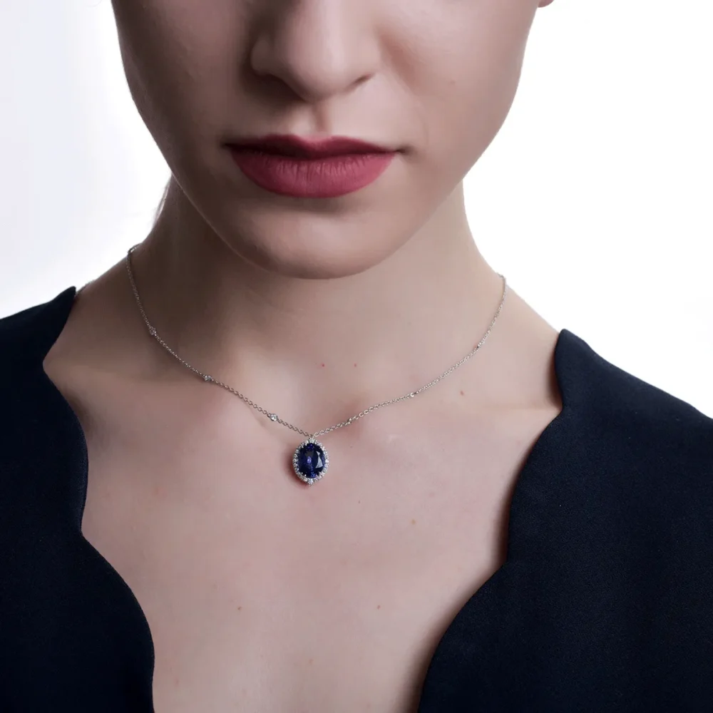 Lant cu pandantiv din aur alb cu tanzanit oval de 4.2ct si diamante de 0.5ct - imagine 4