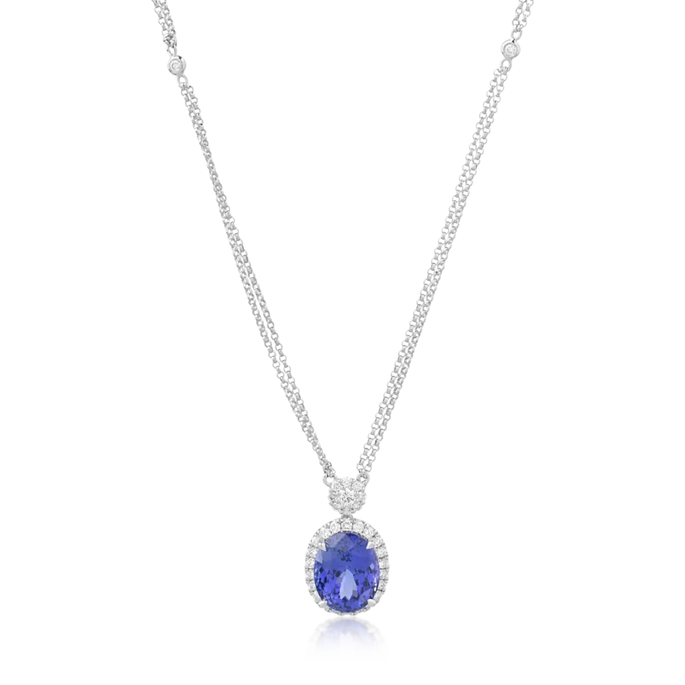 Lant cu pandantiv din aur alb cu tanzanit oval de 6.04ct si diamante de 0.58ct