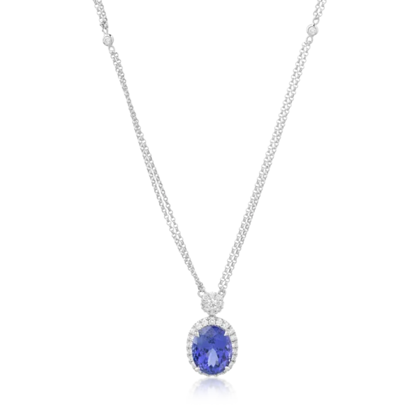 Lant cu pandantiv din aur alb cu tanzanit oval de 6.04ct si diamante de 0.58ct