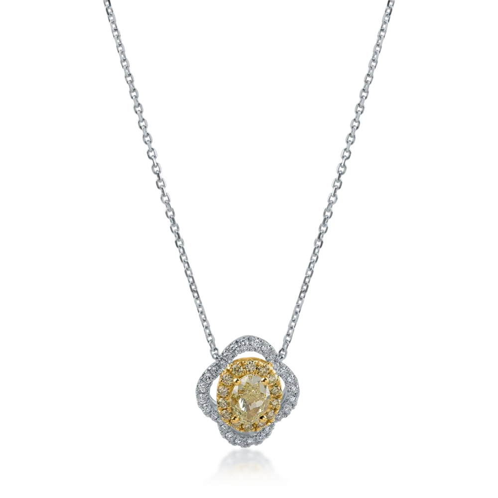 Lant cu pandantiv din aur alb-galben cu diamant fancy galben oval de 0.7ct si diamante galbene si incolore de 0.3ct