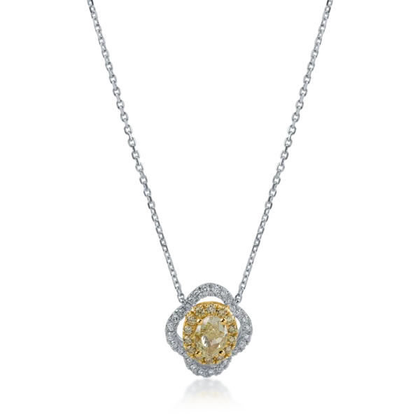 Lant cu pandantiv din aur alb-galben cu diamant fancy galben oval de 0.7ct si diamante galbene si incolore de 0.3ct
