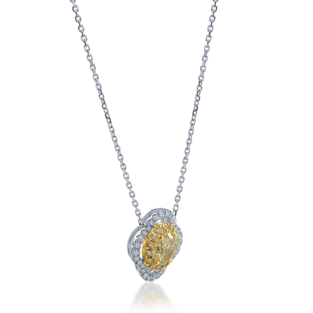 Lant cu pandantiv din aur alb-galben cu diamant fancy galben oval de 0.7ct si diamante galbene si incolore de 0.3ct - imagine 2