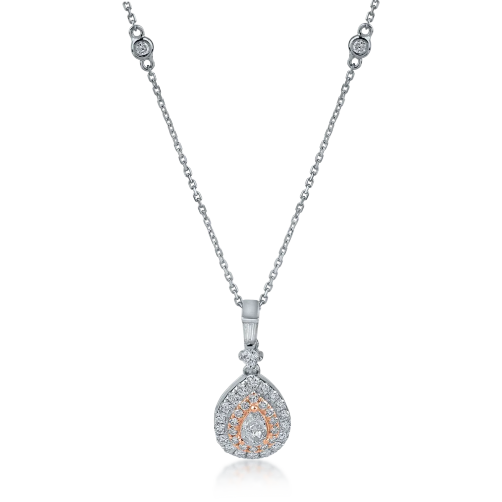 Lant cu pandantiv din aur alb-roz cu diamante roz pear si rotunde de 0.4ct si diamante incolore baguette si rotunde de 0.4ct