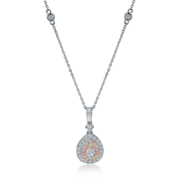 Lant cu pandantiv din aur alb-roz cu diamante roz pear si rotunde de 0.4ct si diamante incolore baguette si rotunde de 0.4ct