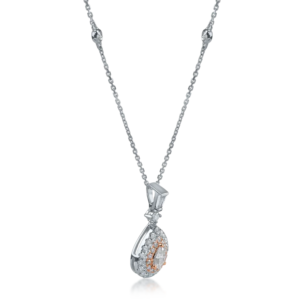 Lant cu pandantiv din aur alb-roz cu diamante roz pear si rotunde de 0.4ct si diamante incolore baguette si rotunde de 0.4ct - imagine 2